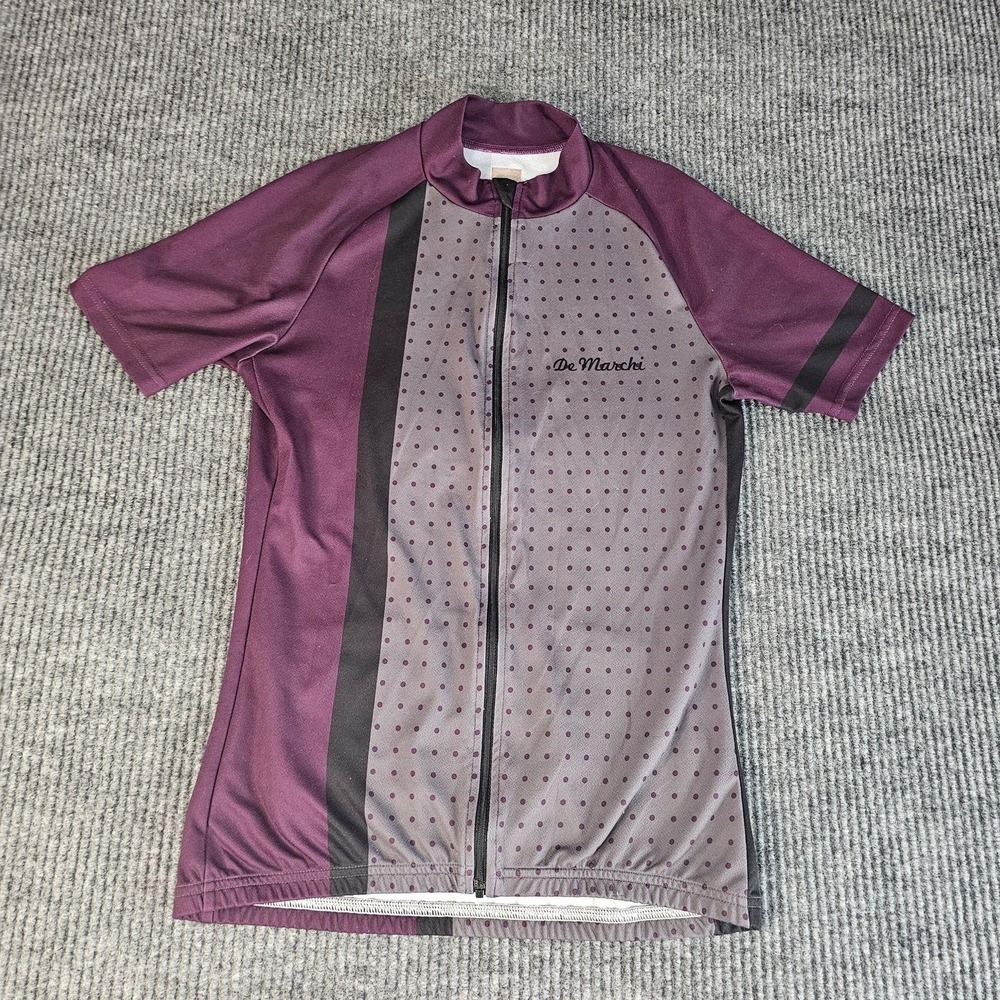 De Marchi Cycling Jersey Mens M Purple Gray Polka Dot Full Zip Short Sleeve